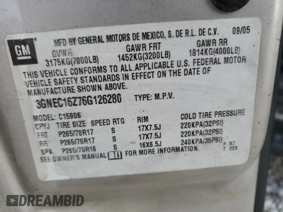 ✅ 2006 Chevrolet Suburban LS • VIN: 3GNEC16Z76G126280 • Лот: 84853934. Опубликован ранее на Copart с пробегом Не указан. Бесплатный доступ к архиву аукционных продаж из США и подробный отчёт об истории автомобиля на DreamBid. Изображение 13.