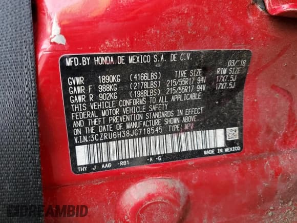 ✅ 2018 Honda HR-V LX • VIN: 3CZRU6H38JG718545 • Лот: 89479685. Опубликован ранее на Copart с пробегом Не указан. Бесплатный доступ к архиву аукционных продаж из США и подробный отчёт об истории автомобиля на DreamBid. Изображение 13.