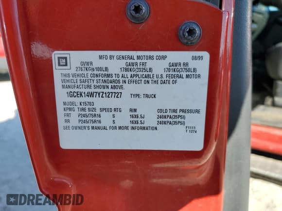 ✅ 2000 Chevrolet Silverado 1500 • VIN: 1GCEK14W7YZ127727 • Lot: 46421675. Listed on Copart with 352,666 mi. Free auction sales archive from the USA and detailed vehicle history report at DreamBid. Image 12.