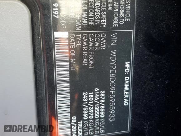 ✅ 2015 Freightliner Sprinter • VIN: WDYPE8DC9F5955933 • Lot: 66303835. Wystawiony na Copart z przebiegiem 126 526 mil. Bezpłatny archiwum sprzedaży aukcyjnych z USA i szczegółowy raport historii pojazdu na DreamBid. Zdjęcie 12.