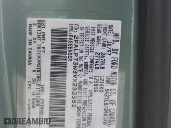 ✅ 1997 Ford Crown Victoria • VIN: 2FALP73W3VX232351 • Lot: 60196655. Wystawiony na Copart z przebiegiem 218 587 mil. Bezpłatny archiwum sprzedaży aukcyjnych z USA i szczegółowy raport historii pojazdu na DreamBid. Zdjęcie 12.