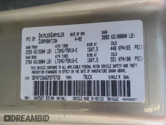 ✅ 2002 Dodge 2500 • VIN: 3B7KF23W62M275732 • Лот: 64232195. Опубликован ранее на Copart с пробегом Не указан. Бесплатный доступ к архиву аукционных продаж из США и подробный отчёт об истории автомобиля на DreamBid. Изображение 12.