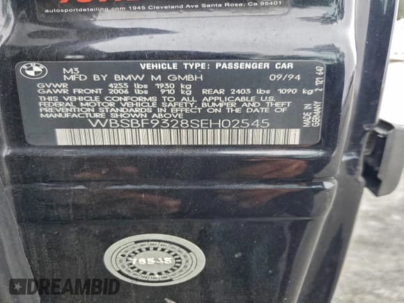 ✅ 1995 BMW 3 Series M3 • VIN: WBSBF9328SEH02545 • Lot: 96004565. Listed on Copart with 207,743 mi. Free auction sales archive from the USA and detailed vehicle history report at DreamBid. Image 12.