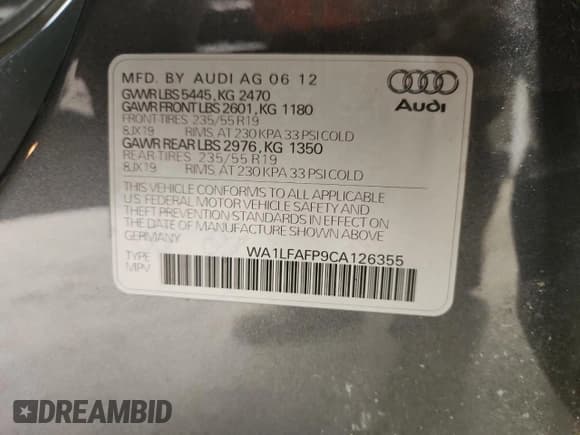 ✅ 2012 Audi Q5 Premium Plus • VIN: WA1LFAFP9CA126355 • Lot: 85561595. Listed on Copart with 137,257 mi. Free auction sales archive from the USA and detailed vehicle history report at DreamBid. Image 13.