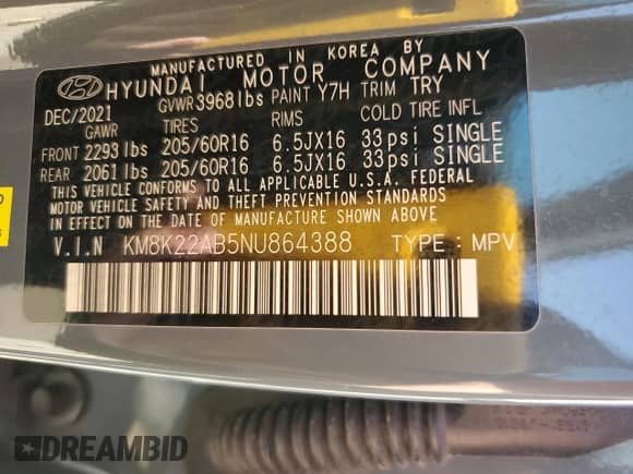 2022 Hyundai Kona SE with VIN KM8K22AB5NU864388, listed as a Copart auction lot 89616295 with 62,611 mi miles and Non repairable. Bid and sale history available at DreamBid. Image 13.