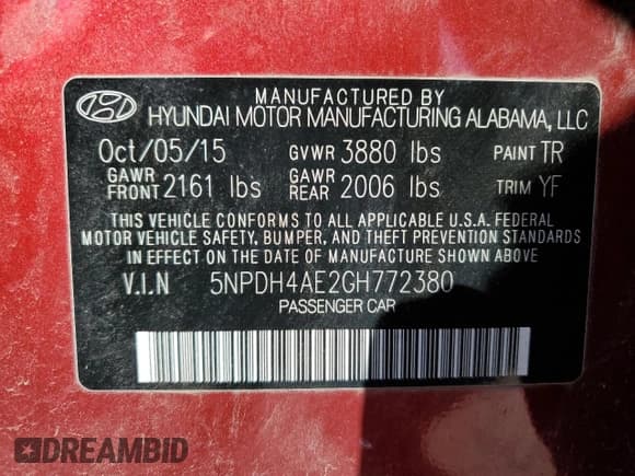 ✅ 2016 Hyundai Elantra SE • VIN: 5NPDH4AE2GH772380 • Lot: 85119205. Listed on Copart with 100,101 mi. Free auction sales archive from the USA and detailed vehicle history report at DreamBid. Image 13.