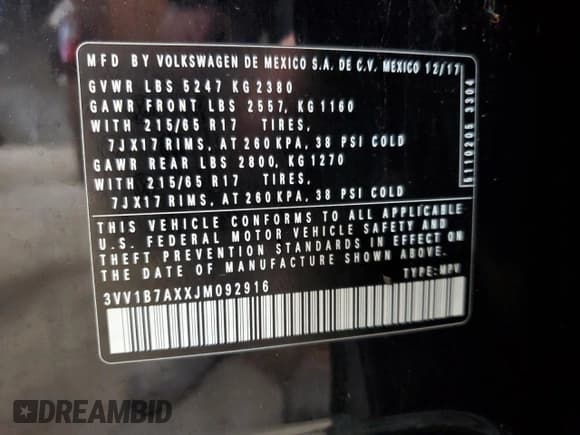 ✅ 2018 Volkswagen Tiguan S • VIN: 3VV1B7AXXJM092916 • Лот: 90348745. Опубликован ранее на Copart с пробегом 81 678 миль. Бесплатный доступ к архиву аукционных продаж из США и подробный отчёт об истории автомобиля на DreamBid. Изображение 13.