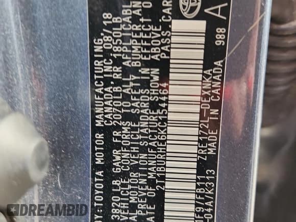 ✅ 2019 Toyota Corolla L • VIN: 2T1BURHE6KC154464 • Lot: 80155645. Listed on Copart with 118,947 mi. Free auction sales archive from the USA and detailed vehicle history report at DreamBid. Image 12.