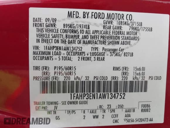 ✅ 2010 Ford Focus S • VIN: 1FAHP3EN1AW134752 • Lot: 43386136. Listed on IAAI with 136,119 mi. Free auction sales archive from the USA and detailed vehicle history report at DreamBid. Image 9.