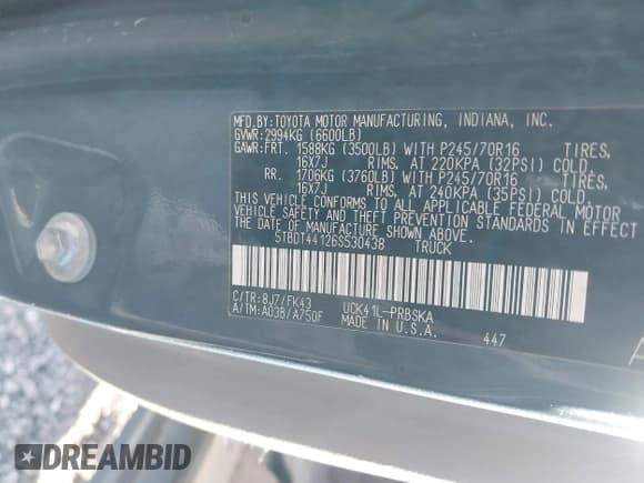 ✅ 2006 Toyota Tundra SR5 • VIN: 5TBDT44126S530438 • Lot: 43433899. Listed on IAAI with 173,478 mi. Free auction sales archive from the USA and detailed vehicle history report at DreamBid. Image 9.