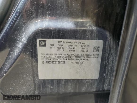 ✅ 2016 Chevrolet Cruze LS • VIN: 1G1PB5SGXG7221728 • Lot: 53065405. Listed on Copart with 47,605 mi. Free auction sales archive from the USA and detailed vehicle history report at DreamBid. Image 14.