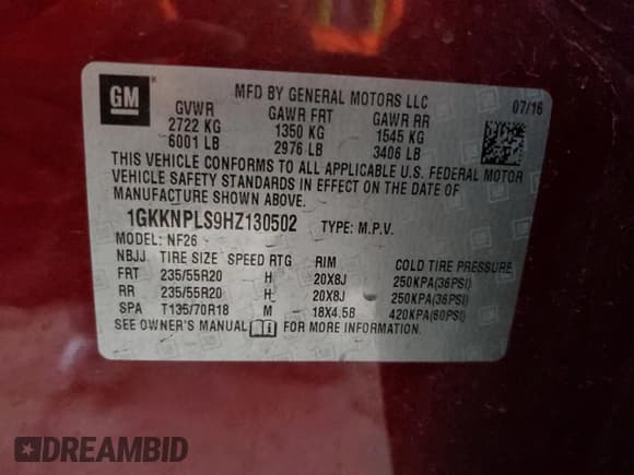 ✅ 2017 GMC Acadia Denali • VIN: 1GKKNPLS9HZ130502 • Lot: 93895125. Listed on Copart with 143,007 mi. Free auction sales archive from the USA and detailed vehicle history report at DreamBid. Image 13.