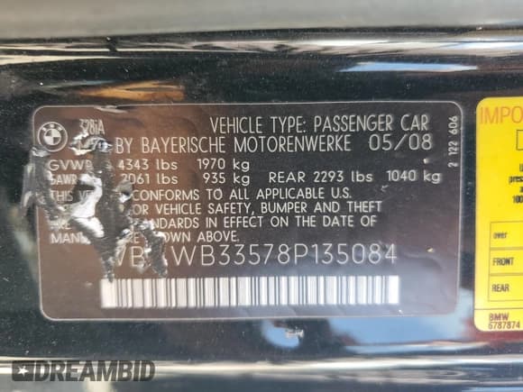 ✅ 2008 BMW 3 Series 328i • VIN: WBAWB33578P135084 • Лот: 61786525. Опубликован ранее на Copart с пробегом Не указан. Бесплатный доступ к архиву аукционных продаж из США и подробный отчёт об истории автомобиля на DreamBid. Изображение 12.