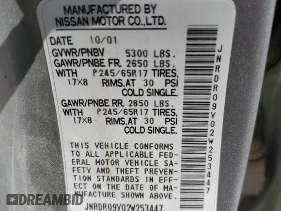 ✅ 2002 Infiniti QX4 Luxury • VIN: JNRDR09Y02W253447 • Лот: 73896264. Опубликован ранее на Copart с пробегом 199 454 миль. Бесплатный доступ к архиву аукционных продаж из США и подробный отчёт об истории автомобиля на DreamBid. Изображение 13.