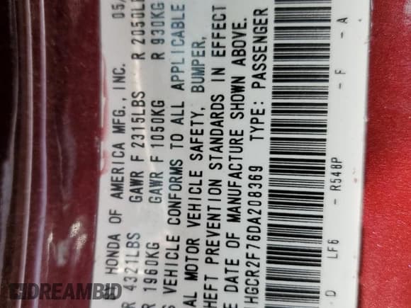 ✅ 2013 Honda Accord EX • VIN: 1HGCR2F76DA208369 • Lot: 85959385. Listed on Copart with 199,454 mi. Free auction sales archive from the USA and detailed vehicle history report at DreamBid. Image 12.