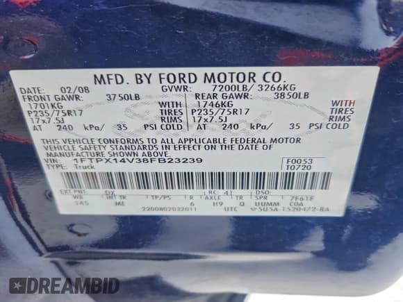 ✅ 2008 Ford F-150 XLT • VIN: 1FTPX14V38FB23239 • Лот: 95145575. Опубликован ранее на Copart с пробегом 144 366 миль. Бесплатный доступ к архиву аукционных продаж из США и подробный отчёт об истории автомобиля на DreamBid. Изображение 12.