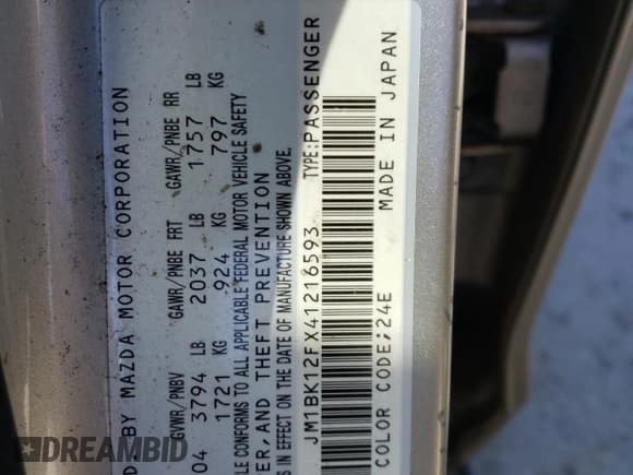 ✅ 2004 Mazda 3 i • VIN: JM1BK12FX41216593 • Лот: 86700935. Опубликован ранее на Copart с пробегом 151 263 миль. Бесплатный доступ к архиву аукционных продаж из США и подробный отчёт об истории автомобиля на DreamBid. Изображение 12.