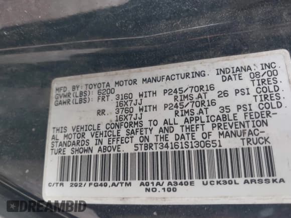 ✅ 2001 Toyota Tundra SR5 • VIN: 5TBRT34161S130651 • Лот: 43814233. Опубликован ранее на IAAI с пробегом Не указан. Бесплатный доступ к архиву аукционных продаж из США и подробный отчёт об истории автомобиля на DreamBid. Изображение 9.