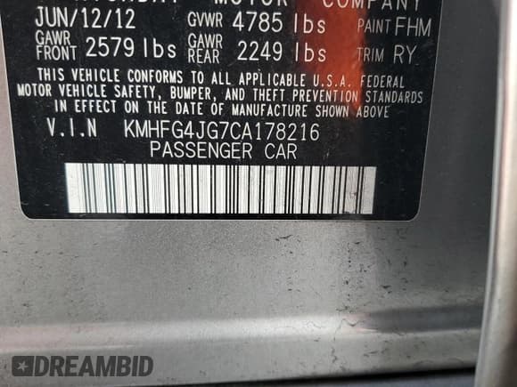 ✅ 2012 Hyundai Azera • VIN: KMHFG4JG7CA178216 • Лот: 64363375. Опубликован ранее на Copart с пробегом 121 847 миль. Бесплатный доступ к архиву аукционных продаж из США и подробный отчёт об истории автомобиля на DreamBid. Изображение 12.