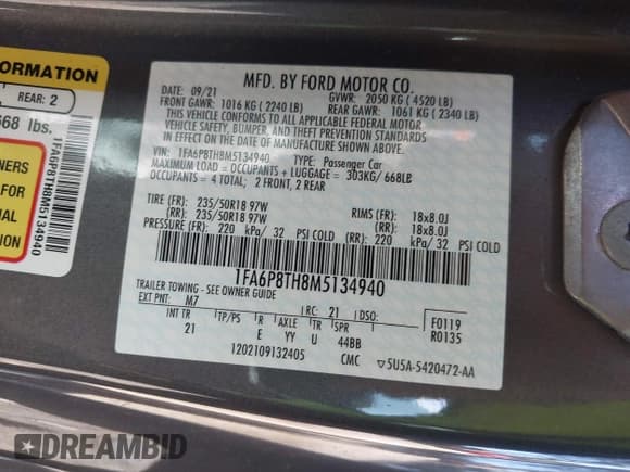 ✅ 2021 Ford Mustang EcoBoost • VIN: 1FA6P8TH8M5134940 • Lot: 43373024. Listed on IAAI with 55,343 mi. Free auction sales archive from the USA and detailed vehicle history report at DreamBid. Image 9.