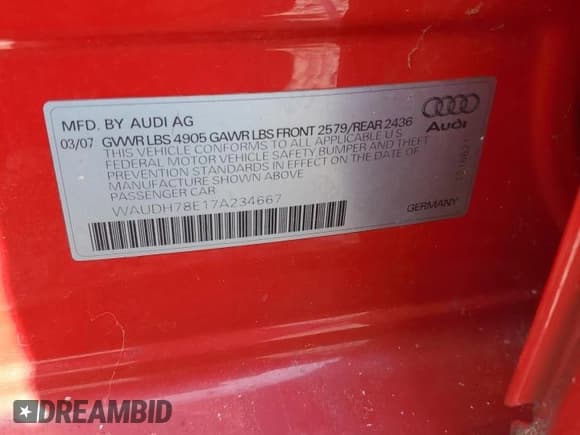 ✅ 2007 Audi A4 3.2L • VIN: WAUDH78E17A234667 • Lot: 52812645. Listed on Copart with 114,025 mi. Free auction sales archive from the USA and detailed vehicle history report at DreamBid. Image 14.