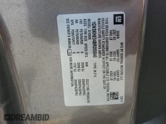 ✅ 2011 Chevrolet Suburban LS • VIN: 1GNSKHE34BR265840 • Lot: 81604565. Listed on Copart with 123,754 mi. Free auction sales archive from the USA and detailed vehicle history report at DreamBid. Image 14.