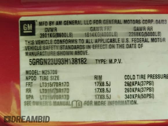 ✅ 2003 Hummer H2 • VIN: 5GRGN23U93H138182 • Lot: 42859047. Wystawiony na IAAI z przebiegiem 170 673 mil. Bezpłatny archiwum sprzedaży aukcyjnych z USA i szczegółowy raport historii pojazdu na DreamBid. Zdjęcie 9.