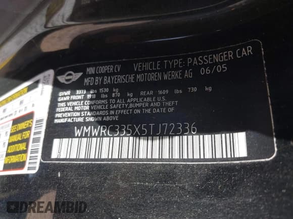 ✅ 2005 MINI Hardtop • VIN: WMWRC335X5TJ72336 • Lot: 42584154. Listed on IAAI with 168,135 mi. Free auction sales archive from the USA and detailed vehicle history report at DreamBid. Image 9.