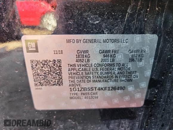 ✅ 2019 Chevrolet Malibu LS • VIN: 1G1ZB5ST4KF126490 • Lot: 67961035. Wystawiony na Copart z przebiegiem 116 455 mil. Bezpłatny archiwum sprzedaży aukcyjnych z USA i szczegółowy raport historii pojazdu na DreamBid. Zdjęcie 12.