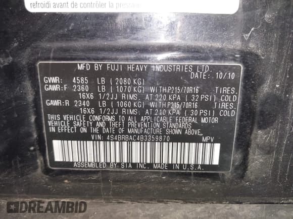 ✅ 2011 Subaru Outback 2.5i • VIN: 4S4BRBAC4B3359870 • Lot: 43595075. Listed on IAAI with 198,942 mi. Free auction sales archive from the USA and detailed vehicle history report at DreamBid. Image 7.