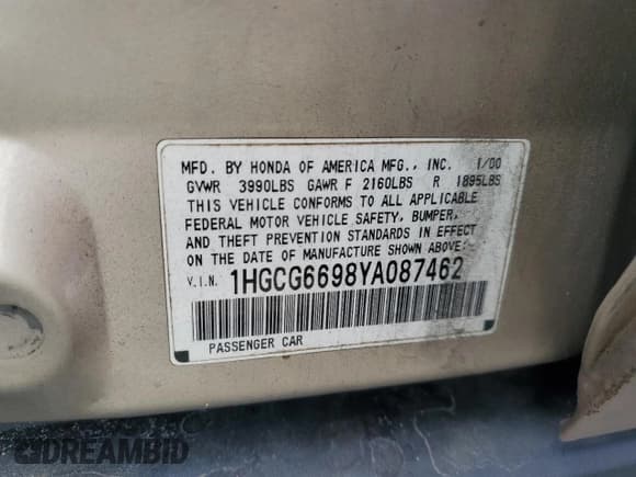 ✅ 2000 Honda Accord SE • VIN: 1HGCG6698YA087462 • Lot: 80246255. Listed on Copart with Not provided. Free auction sales archive from the USA and detailed vehicle history report at DreamBid. Image 12.