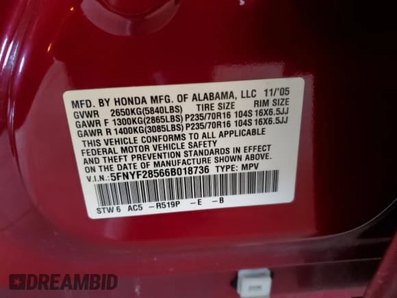 ✅ 2006 Honda Pilot EX-L • VIN: 5FNYF28566B018736 • Lot: 91057035. Wystawiony na Copart z przebiegiem 105 689 mil. Bezpłatny archiwum sprzedaży aukcyjnych z USA i szczegółowy raport historii pojazdu na DreamBid. Zdjęcie 14.