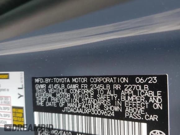 ✅ 2023 Toyota Prius LE • VIN: JTDACAAUXP3009624 • Lot: 62480313. Listed on Copart with 513 mi. Free auction sales archive from the USA and detailed vehicle history report at DreamBid. Image 12.