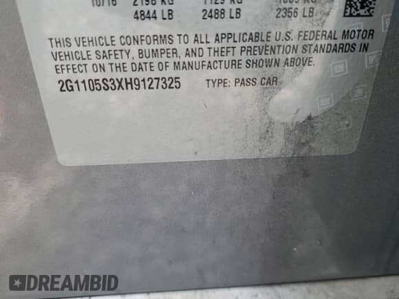 2017 Chevrolet Impala LT with VIN 2G1105S3XH9127325, listed as a Copart auction lot 42527025 with 107,052 mi miles and Clean title. Bid and sale history available at DreamBid. Image 12.