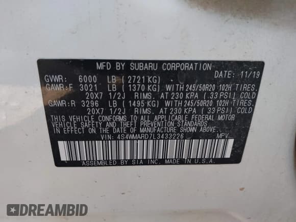 ✅ 2020 Subaru Ascent Touring • VIN: 4S4WMARD7L3433226 • Lot: 43458682. Listed on IAAI with 87,540 mi. Free auction sales archive from the USA and detailed vehicle history report at DreamBid. Image 9.