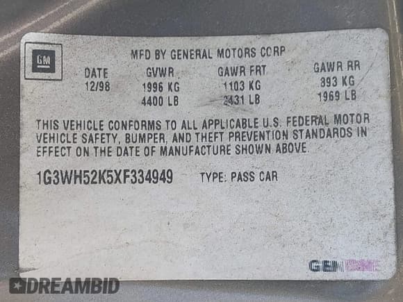 ✅ 1999 Oldsmobile Intrigue GX • VIN: 1G3WH52K5XF334949 • Lot: 42252647. Wystawiony na IAAI z przebiegiem 80 705 mil. Bezpłatny archiwum sprzedaży aukcyjnych z USA i szczegółowy raport historii pojazdu na DreamBid. Zdjęcie 9.
