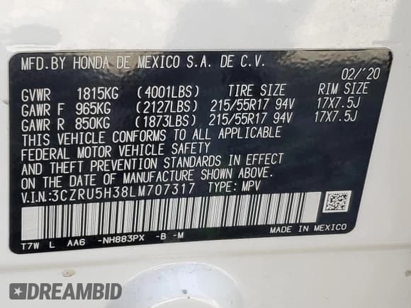 ✅ 2020 Honda HR-V LX • VIN: 3CZRU5H38LM707317 • Лот: 81857085. Опубликован ранее на Copart с пробегом 56 714 миль. Бесплатный доступ к архиву аукционных продаж из США и подробный отчёт об истории автомобиля на DreamBid. Изображение 14.