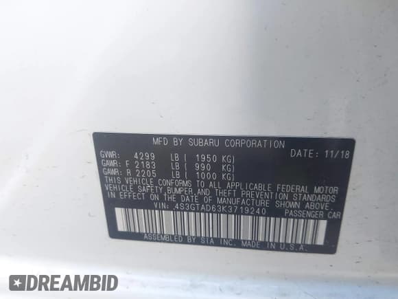 ✅ 2019 Subaru Impreza Premium • VIN: 4S3GTAD63K3719240 • Лот: 43252578. Опубликован ранее на IAAI с пробегом 71 869 миль. Бесплатный доступ к архиву аукционных продаж из США и подробный отчёт об истории автомобиля на DreamBid. Изображение 9.