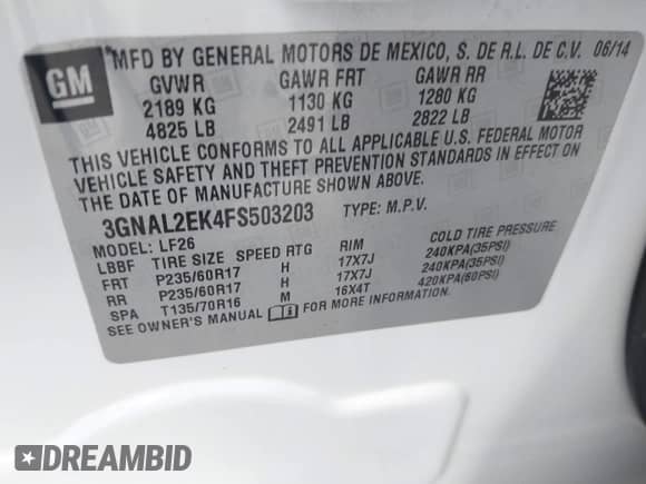 2015 Chevrolet Captiva Sport LS z VIN 3GNAL2EK4FS503203, wystawiony jako IAAI lot #41669741 z przebiegiem 162 846 mil mil oraz . Historia ofert i sprzedaży dostępna na DreamBid. Obrazek 9.