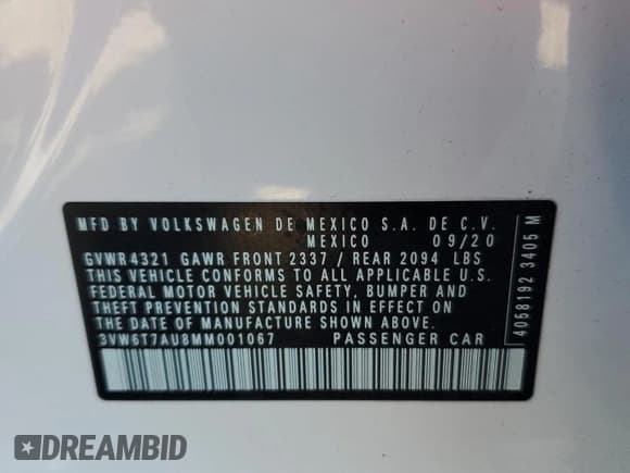 ✅ 2021 Volkswagen Golf GTI S • VIN: 3VW6T7AU8MM001067 • Lot: 57176434. Listed on Copart with 7,462 mi. Free auction sales archive from the USA and detailed vehicle history report at DreamBid. Image 15.