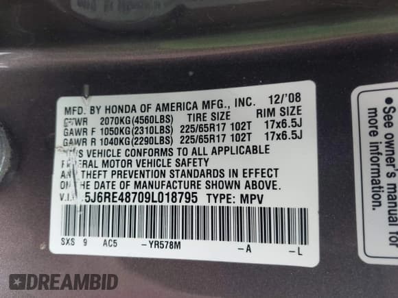 ✅ 2009 Honda CR-V EX-L • VIN: 5J6RE48709L018795 • Lot: 43070098. Listed on IAAI with 239,281 mi. Free auction sales archive from the USA and detailed vehicle history report at DreamBid. Image 9.