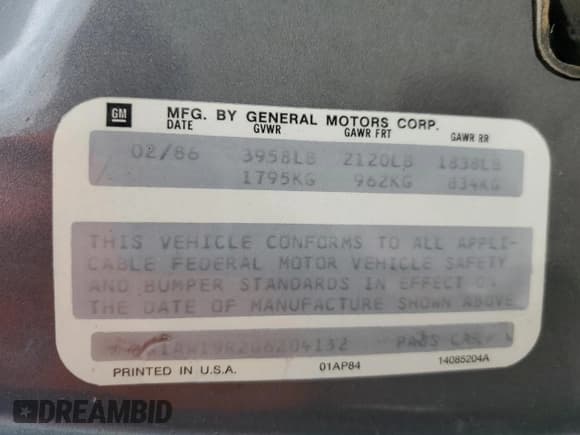 ✅ 1986 Chevrolet Celebrity • VIN: 1G1AW19R2G6204132 • Лот: 58819705. Опубликован ранее на Copart с пробегом 63 184 миль. Бесплатный доступ к архиву аукционных продаж из США и подробный отчёт об истории автомобиля на DreamBid. Изображение 13.