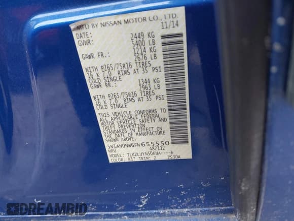 ✅ 2015 Nissan Xterra Pro-4X • VIN: 5N1AN0NW6FN655550 • Lot: 41442868. Listed on IAAI with 122,008 mi. Free auction sales archive from the USA and detailed vehicle history report at DreamBid. Image 9.