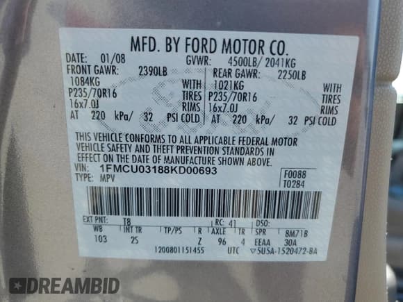 ✅ 2008 Ford Escape XLT • VIN: 1FMCU03188KD00693 • Lot: 60473485. Wystawiony na Copart z przebiegiem 165 038 mil. Bezpłatny archiwum sprzedaży aukcyjnych z USA i szczegółowy raport historii pojazdu na DreamBid. Zdjęcie 13.