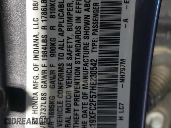 ✅ 2017 Honda Civic LX • VIN: 19XFC2F57HE230542 • Lot: 93558545. Wystawiony na Copart z przebiegiem 49 922 mil. Bezpłatny archiwum sprzedaży aukcyjnych z USA i szczegółowy raport historii pojazdu na DreamBid. Zdjęcie 13.