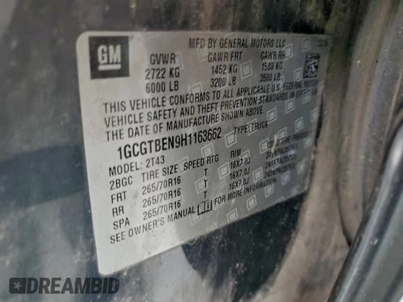 ✅ 2017 Chevrolet Colorado 4WD WT • VIN: 1GCGTBEN9H1163662 • Lot: 94949095. Listed on Copart with 207,271 mi. Free auction sales archive from the USA and detailed vehicle history report at DreamBid. Image 12.