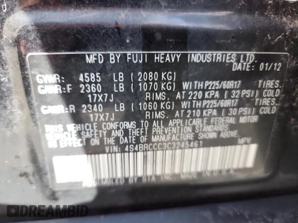 ✅ 2012 Subaru Outback Prem • VIN: 4S4BRCCC3C3245461 • Lot: 80388655. Listed on Copart with 127,653 mi. Free auction sales archive from the USA and detailed vehicle history report at DreamBid. Image 13.