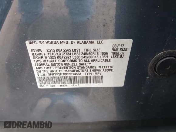 ✅ 2017 Honda Pilot EX-L • VIN: 5FNYF5H78HB013558 • Lot: 41555582. Listed on IAAI with 55,639 mi. Free auction sales archive from the USA and detailed vehicle history report at DreamBid. Image 9.