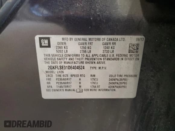 ✅ 2013 GMC Terrain SLE • VIN: 2GKFLSE31D6404524 • Lot: 52966575. Wystawiony na Copart z przebiegiem Nie podano. Bezpłatny archiwum sprzedaży aukcyjnych z USA i szczegółowy raport historii pojazdu na DreamBid. Zdjęcie 13.