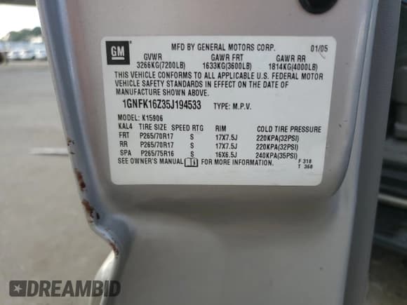 ✅ 2005 Chevrolet Suburban LT • VIN: 1GNFK16Z35J194533 • Lot: 48653215. Wystawiony na Copart z przebiegiem Nie podano. Bezpłatny archiwum sprzedaży aukcyjnych z USA i szczegółowy raport historii pojazdu na DreamBid. Zdjęcie 14.